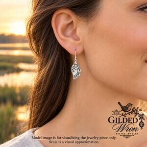 925 Sterling Silver Floral Leaf Dangle Earrings Oxidized Botanical 2.8g